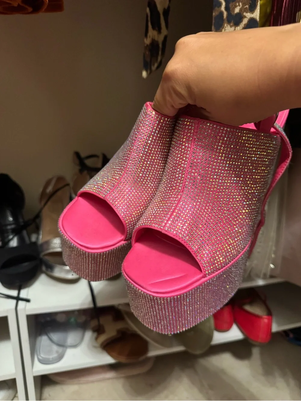 Azalea Wang BARBIE Pink Crystal-Embellished Platform Heels with Slingback Strap